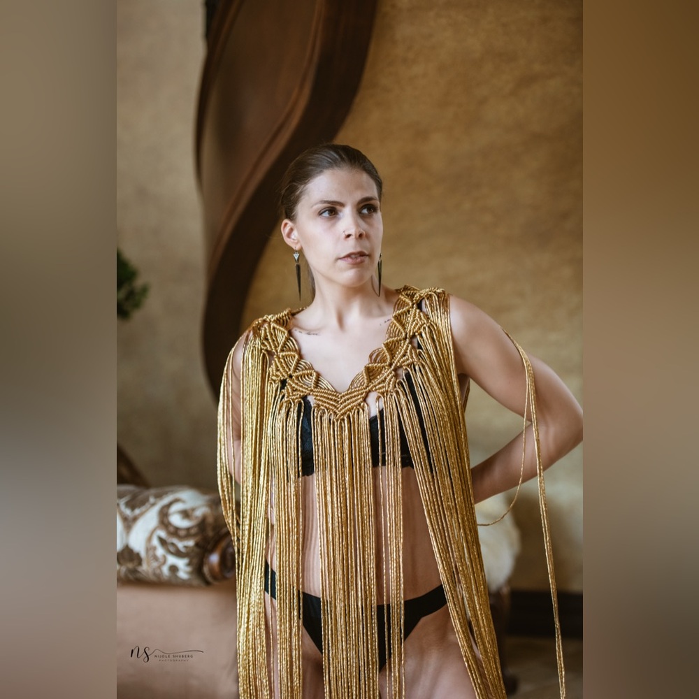 Original GoodVibeGoda Handmade Macramé Gold Fringe Women's Swim Cover-Up - Picture 2 of 9
